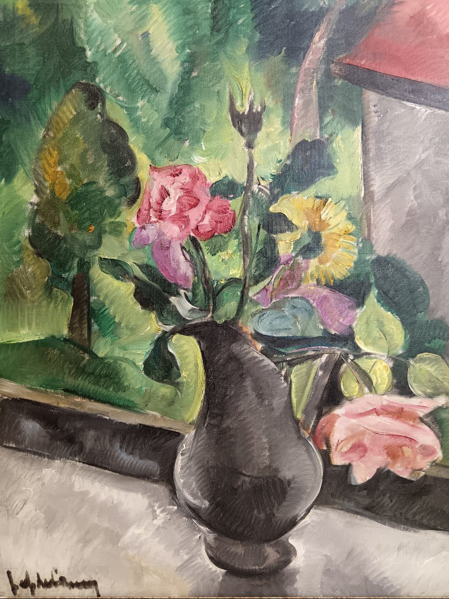 Ecole fauve. Jef De Pauw "bouquet de fleurs surplombant un paysage fauve"-photo-8