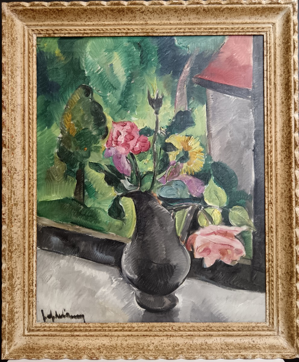 Ecole fauve. Jef De Pauw "bouquet de fleurs surplombant un paysage fauve"