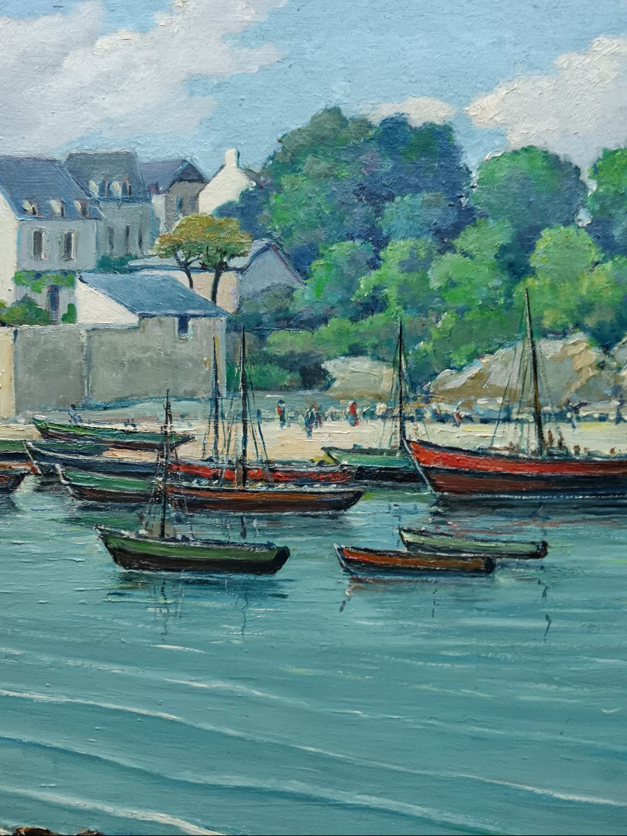 Marinist Painter Of Brittany "doëlan, Le Petit Port De Pêche Animé"-photo-2