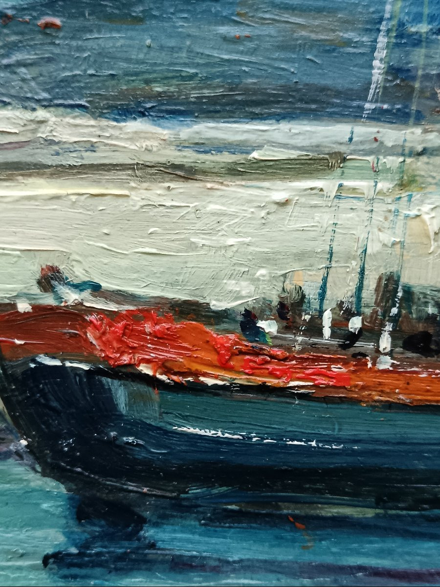 Marinist Painter Of Brittany "doëlan, Le Petit Port De Pêche Animé"-photo-2