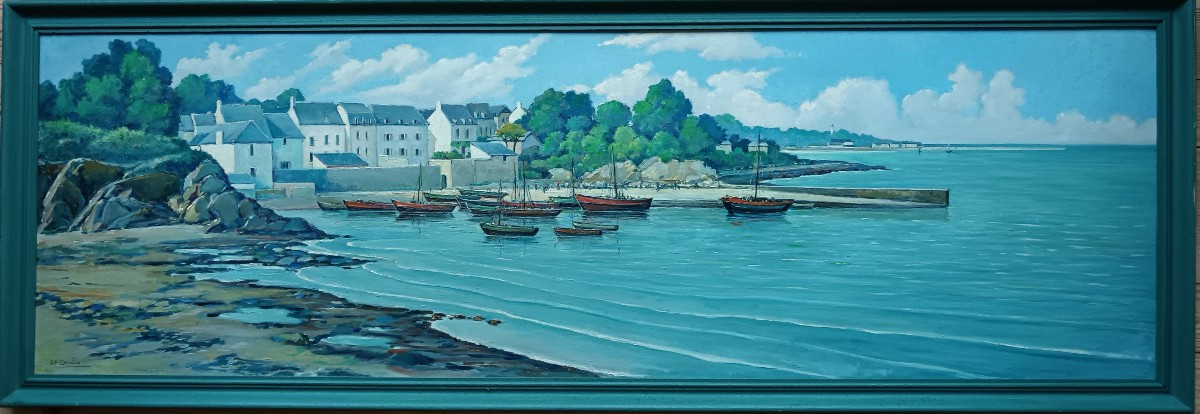 Marinist Painter Of Brittany "doëlan, Le Petit Port De Pêche Animé"