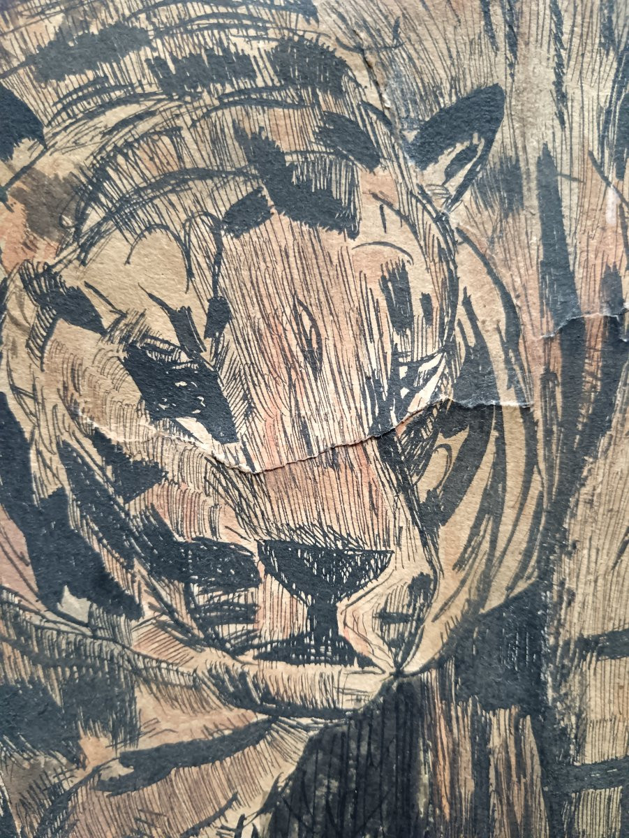 Peintre animalier P.Fournier "le tigre à l'affût dans la jungle"-photo-2