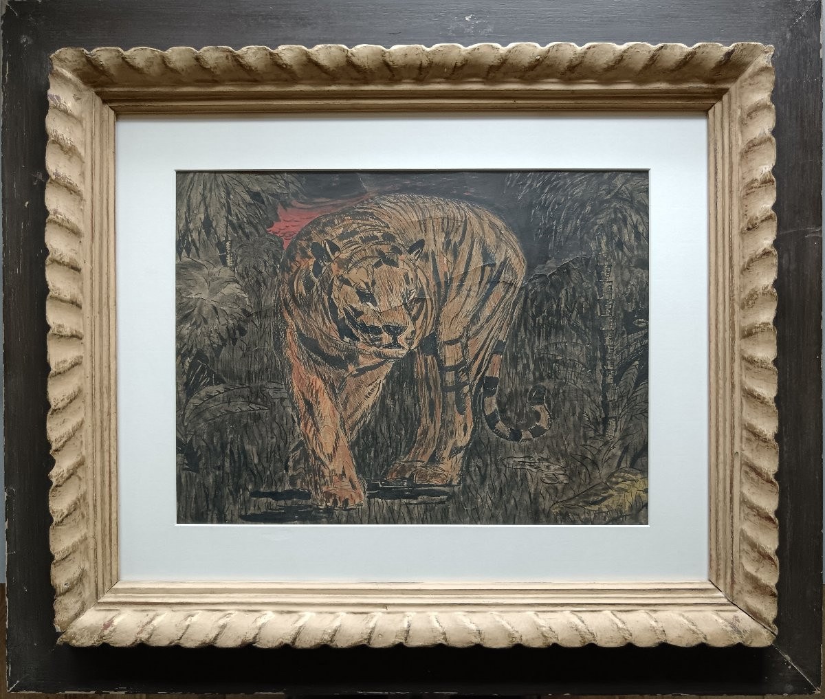 Peintre animalier P.Fournier "le tigre à l'affût dans la jungle"-photo-1