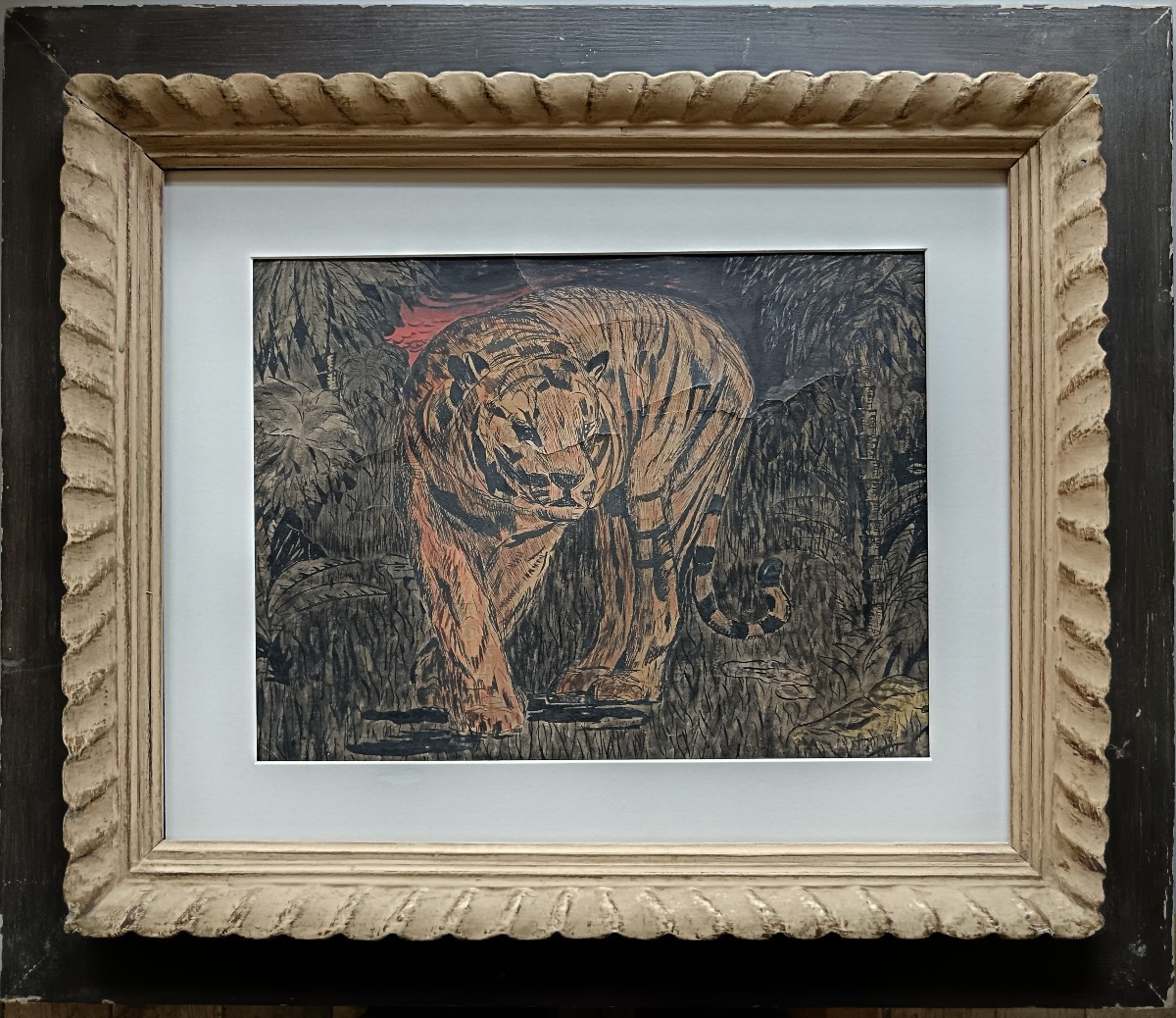 Peintre animalier P.Fournier "le tigre à l'affût dans la jungle"