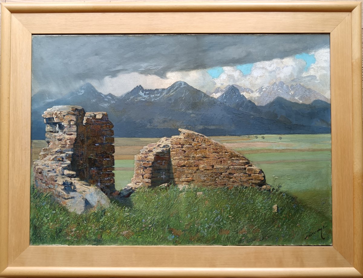 Ecole hongroise.  Elemer Koszeghy "Varrom, les ruines du château"