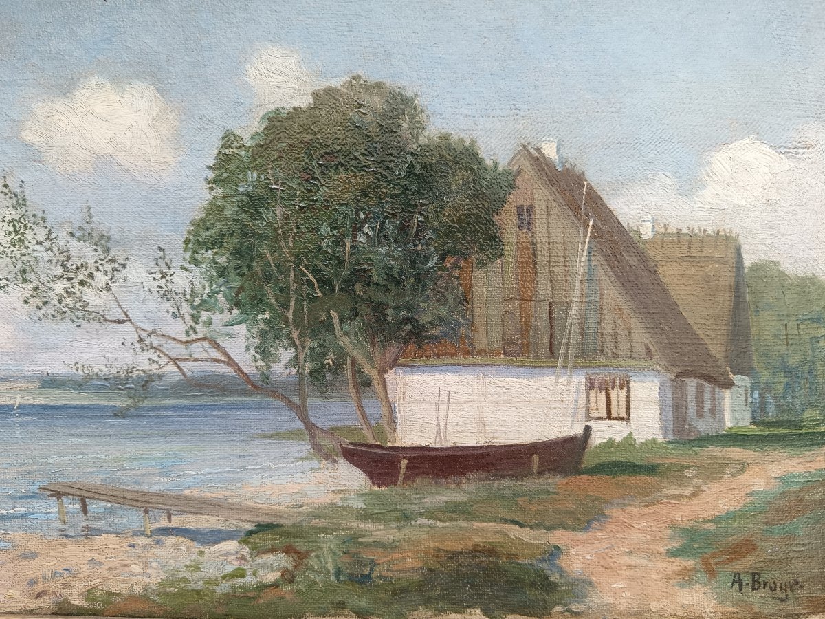 Ecole scandinave. Alfred Broge "la petite maison au bord du fjord"-photo-4