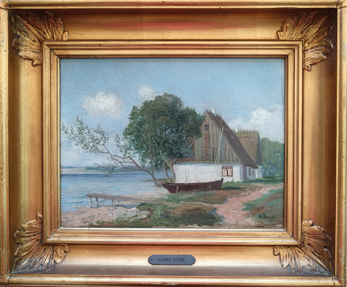 Ecole scandinave. Alfred Broge "la petite maison au bord du fjord"