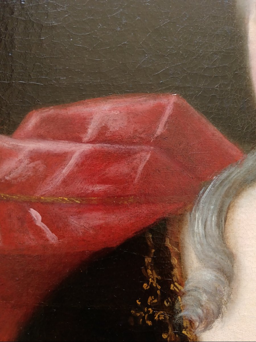 From The Circle Of Pierre Gobert. Oil On Canvas, “court Lady With A Small Dog And A Red Drape”-photo-2
