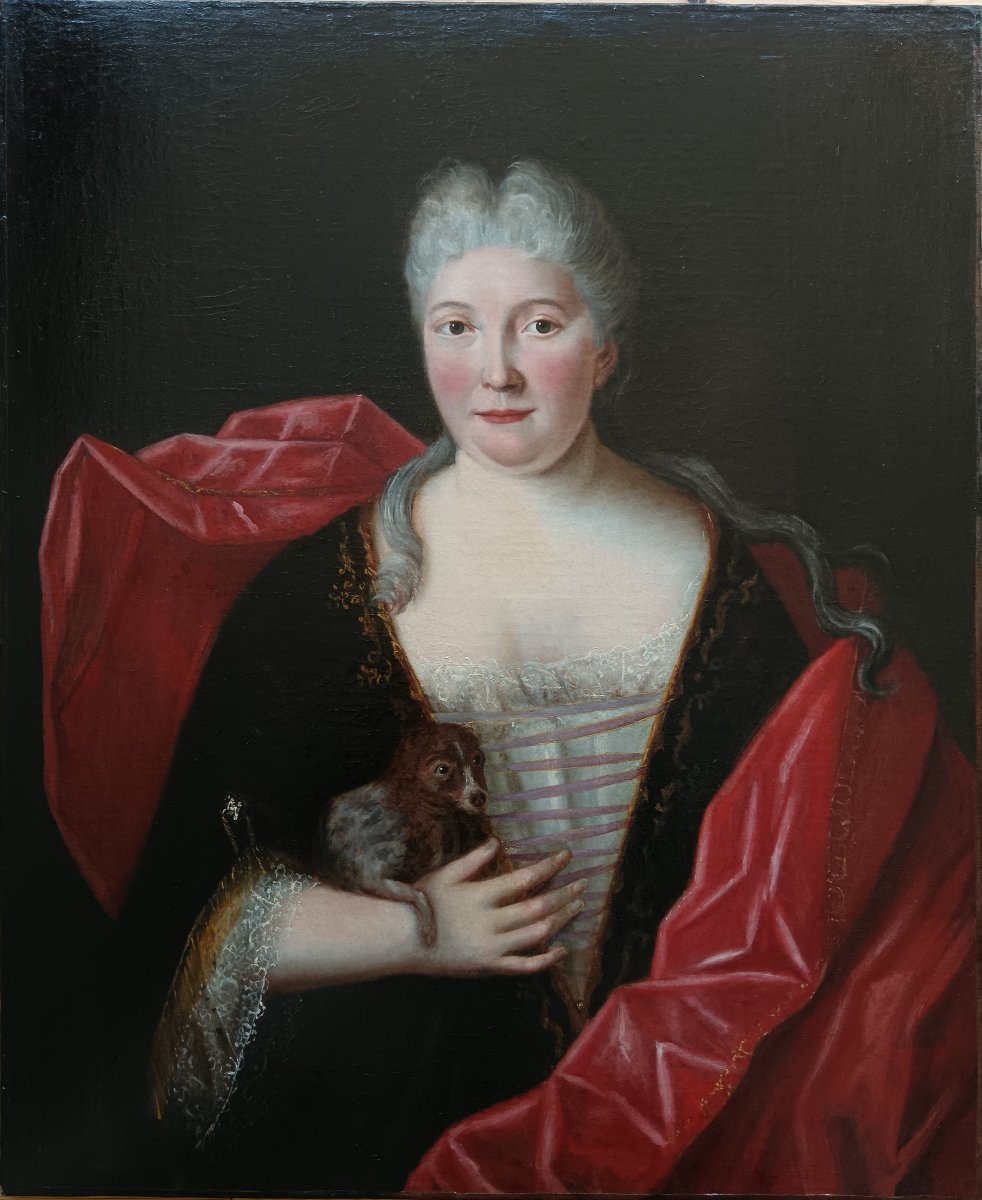 From The Circle Of Pierre Gobert. Oil On Canvas, “court Lady With A Small Dog And A Red Drape”