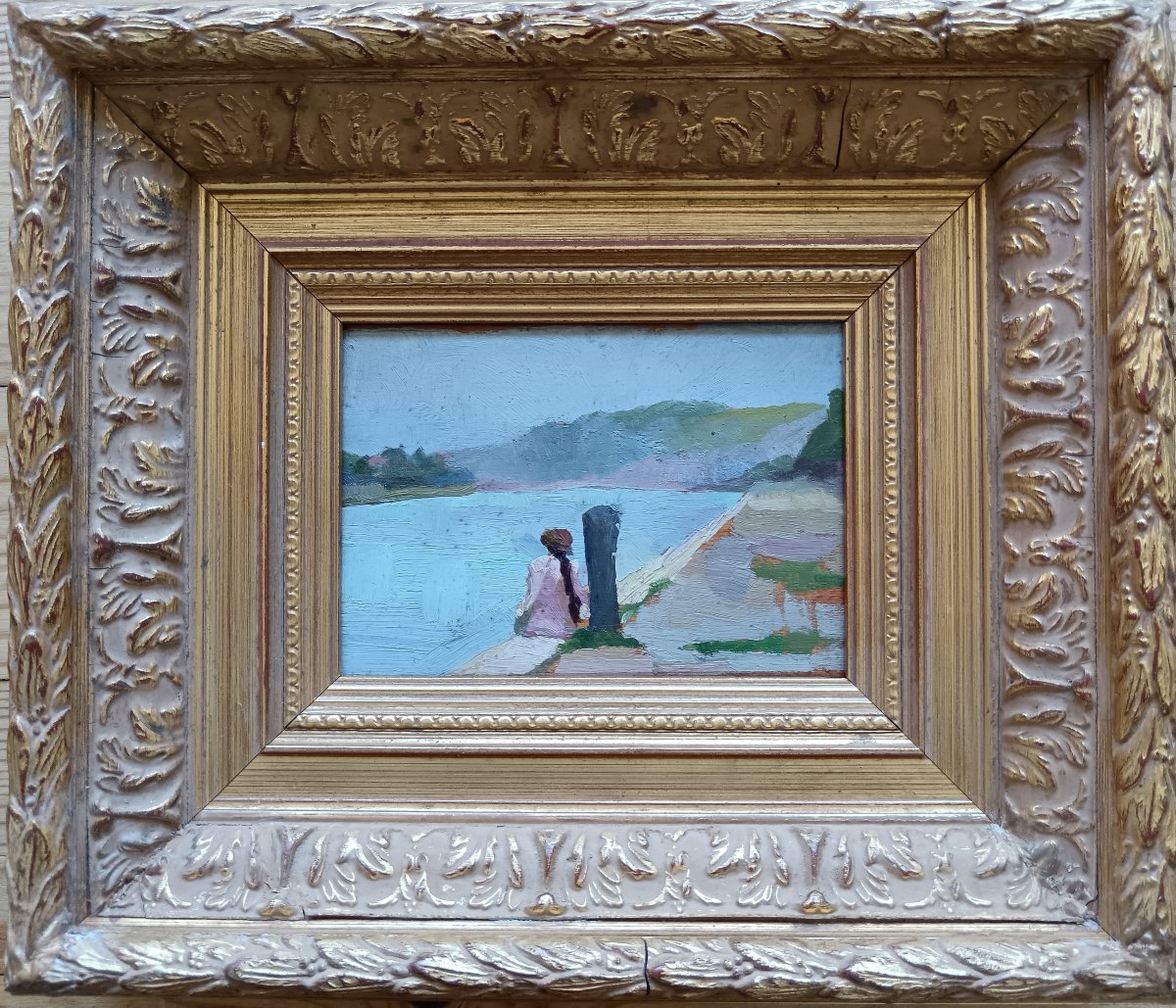 Ecole néo impressionniste "Marie pensive sur les bords de l'Isère.