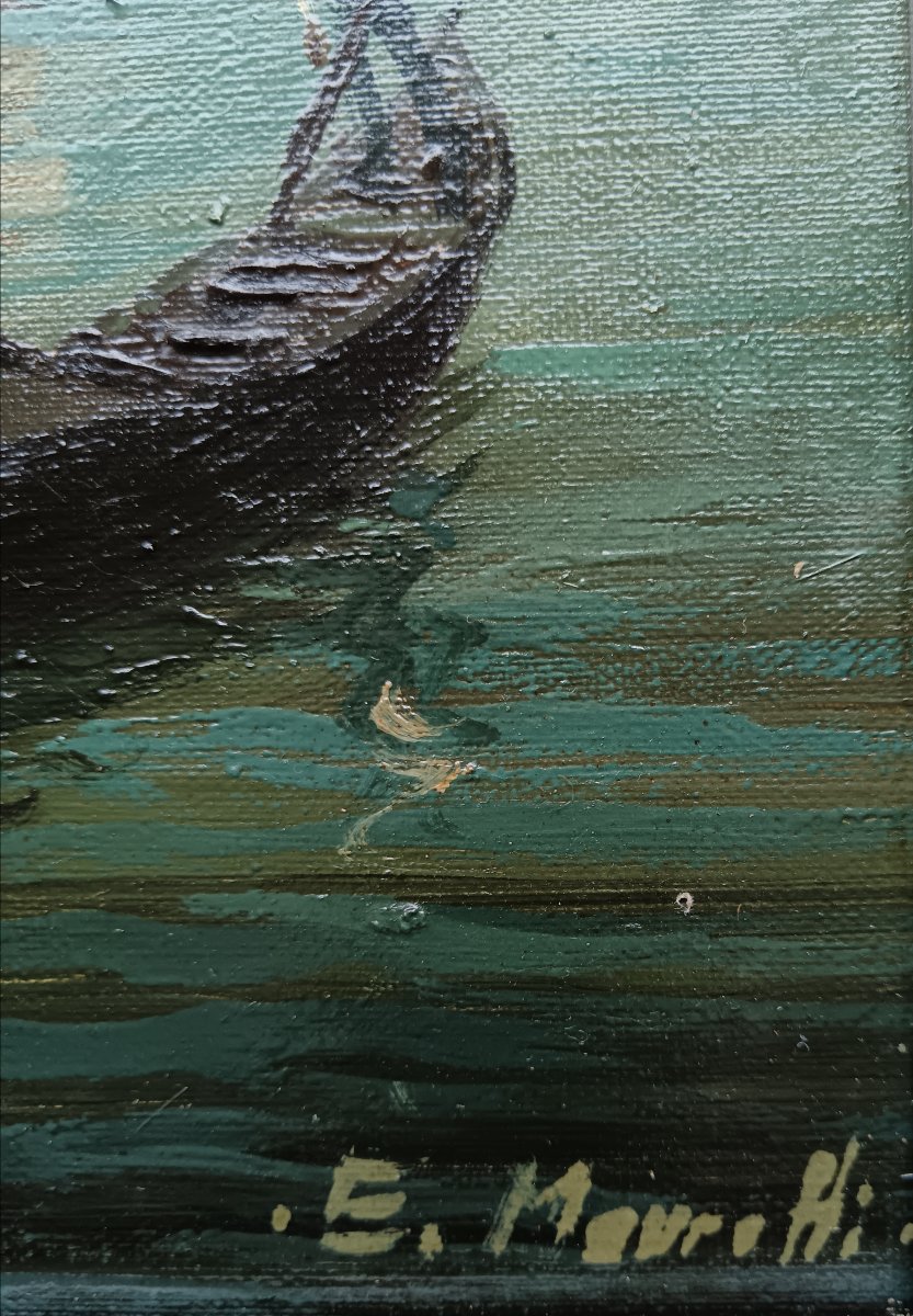 Peintre de Venise. Ercole Magrotti "Gondole et bragozzi au couchant sur le rio et la lagune"-photo-2