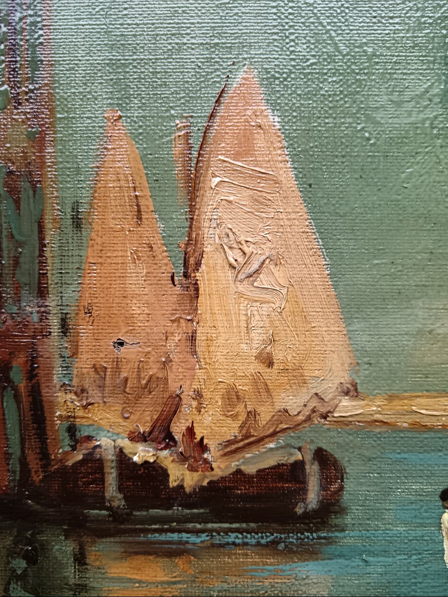 Peintre de Venise. Ercole Magrotti "Gondole et bragozzi au couchant sur le rio et la lagune"-photo-4
