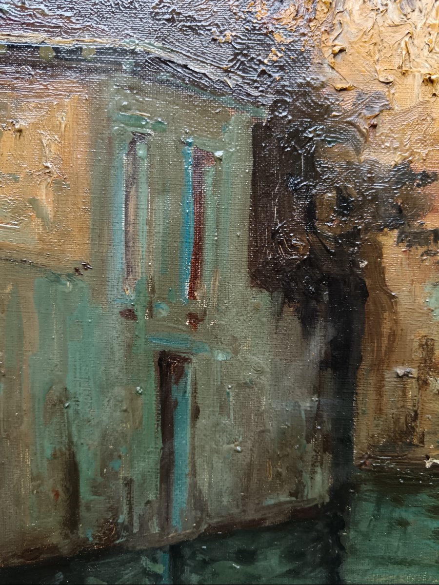 Peintre de Venise. Ercole Magrotti "Gondole et bragozzi au couchant sur le rio et la lagune"-photo-5