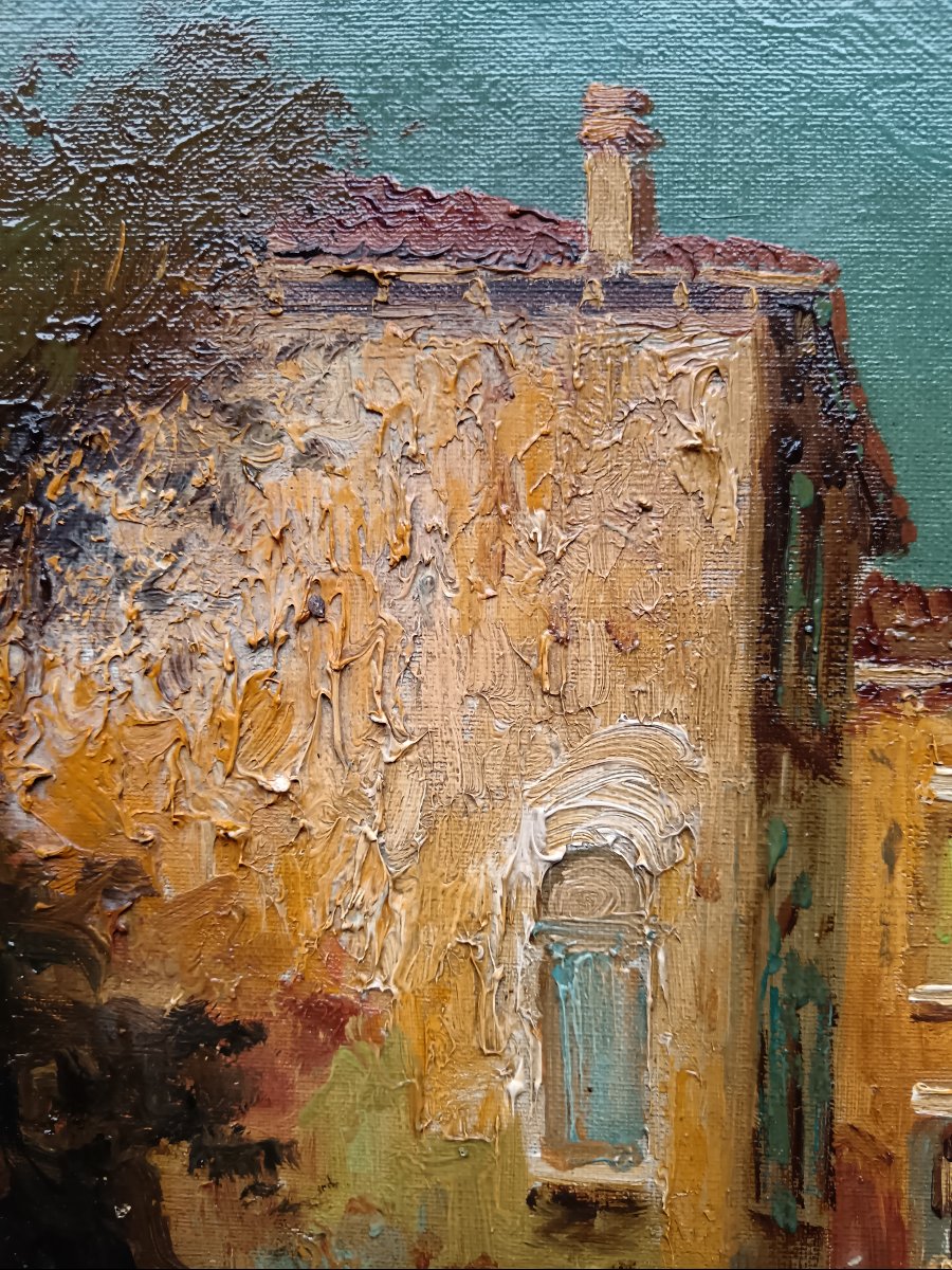 Peintre de Venise. Ercole Magrotti "Gondole et bragozzi au couchant sur le rio et la lagune"-photo-6