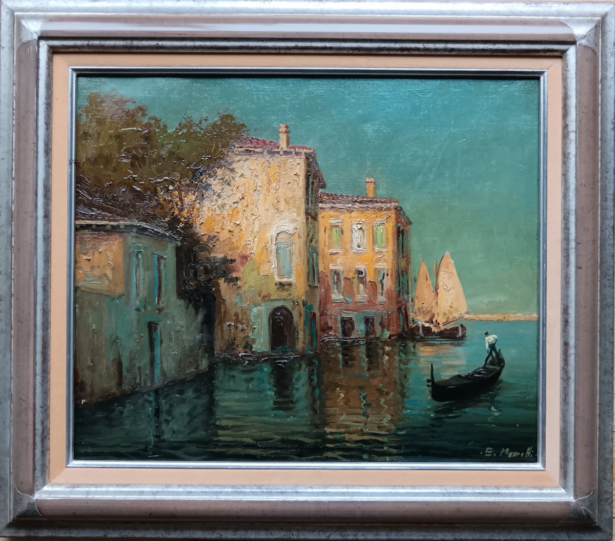 Peintre de Venise. Ercole Magrotti "Gondole et bragozzi au couchant sur le rio et la lagune"