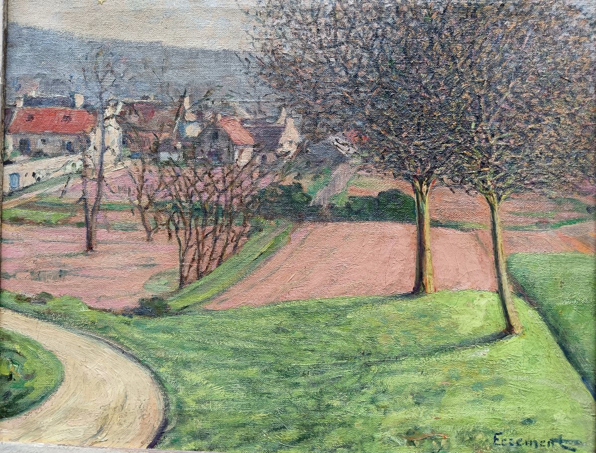 Neo-impressionist School: "in The Distance, The Hamlet With Colorful Roofs"