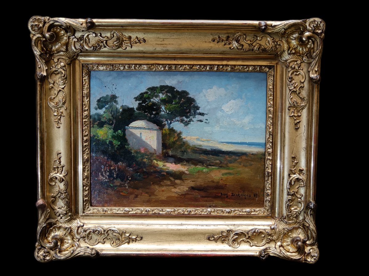 Orientalist School. Eugène Deshayes, "marabout By The Sea, Algeria."-photo-2
