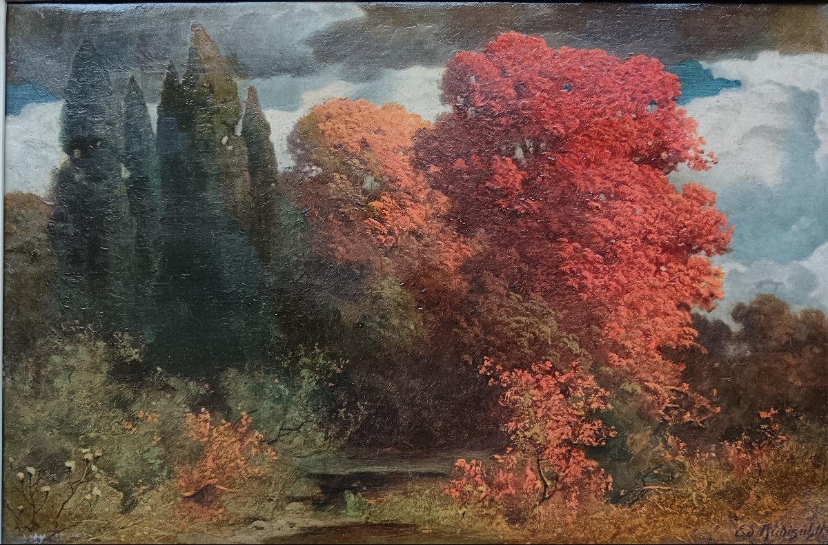 Ecole symboliste suisse. Eduard Südisühli "crépuscule pourpre sur les cyprès"-photo-4