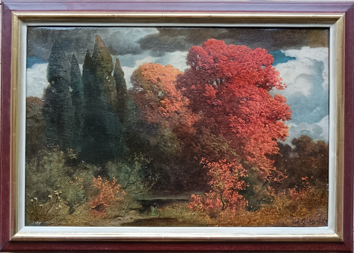 Ecole symboliste suisse. Eduard Südisühli "crépuscule pourpre sur les cyprès"