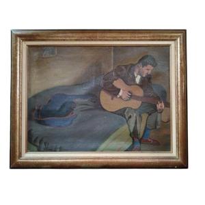 Marcel Gonzalez. Huile sur toile "le guitariste au coin du lit" 73 X 54 Cm