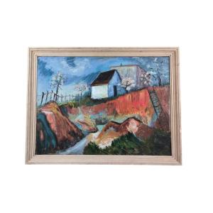 Malké. Huile sur toile "la maison surplombant le torrent" 81 X 60 Cm