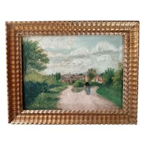 Neo-impressionism. Oil On Cardboard-canvas "peasant Woman On The Way To Her Village" 35 X 24 Cm