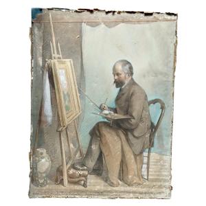 Théodore Delamarre. Dessin à l'aquarelle "l'artiste dans son atelier" 54,5 X 41, 5 Cm à vue