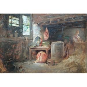 Marie-Ferdinand Jacomin. Huile sur toile " la cuisinière dans le garde-manger" 74,7 X 102 cm