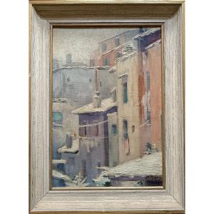 Saint-signy. Oil On Canvas "snow Effect In Rome" 33 X 23.5 Cm