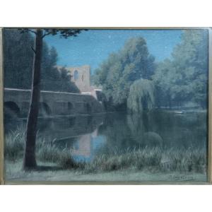 Paul Ingelrans "le pont sur le Loing et la tour de Ganne vus de la berge"