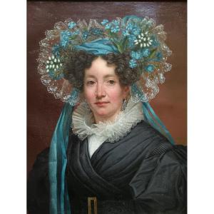 Pierre Charles Cior "portrait de jeune femme à la coiffe fleurie"