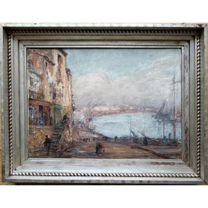 Ecole néo impressionniste. Géo François "le port de Nantes vu des quais"
