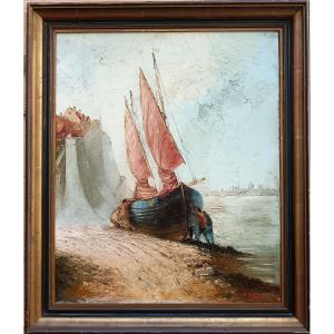 Marine "à marée basse au pied du fort National, Saint-Malo en arrière-plan"
