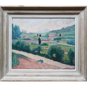 Ecole néo-impressionniste. Carlos Reymond "la Montagne Sainte-Victoire vue du hameau"