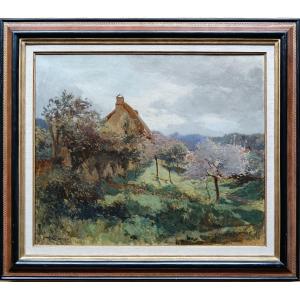 Ecole néo impressionniste . Emile Richard Haumont "la chaumière vue du verger"
