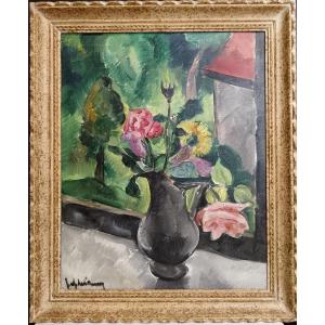 Fauvist School. Jef De Pauw "bouquet Of Flowers Overlooking A Tawny Landscape"