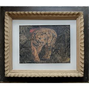 Peintre animalier P.Fournier "le tigre à l'affût dans la jungle"