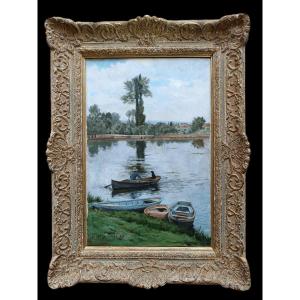 Neo-impressionist School. Henry Tenré, "the Boater And His Dog"