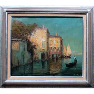 Venetian Painter. Ercole Magrotti, "gondola And Bragozzi At Sunset On The Canal And The Lagoon"
