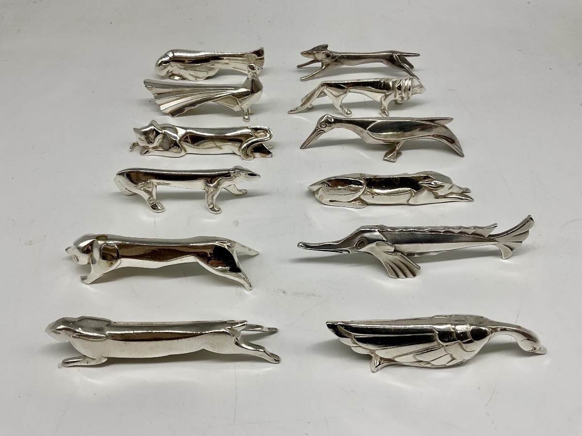 12 Portes couteaux animaliers Art Déco,Edouard SANDOZ ,Gallia ,Christofle.