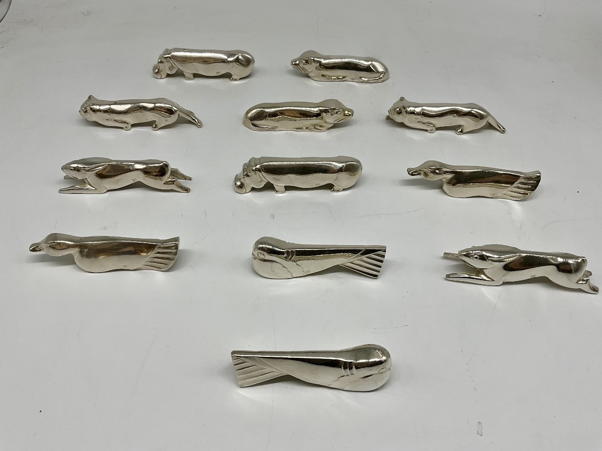 12 Portes Couteaux Animaliers en Métal Argenté ,Art Déco,ERCUIS.-photo-3