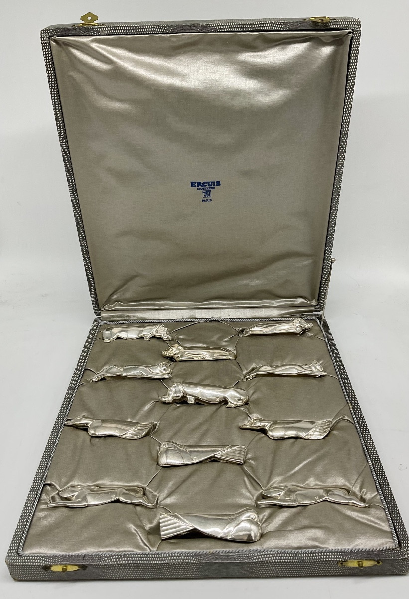 12 Portes Couteaux Animaliers en Métal Argenté ,Art Déco,ERCUIS.