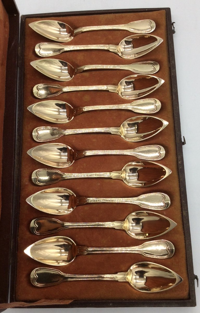 12 Small Spoons In Vermeil, Old Man 1819-1838.-photo-2