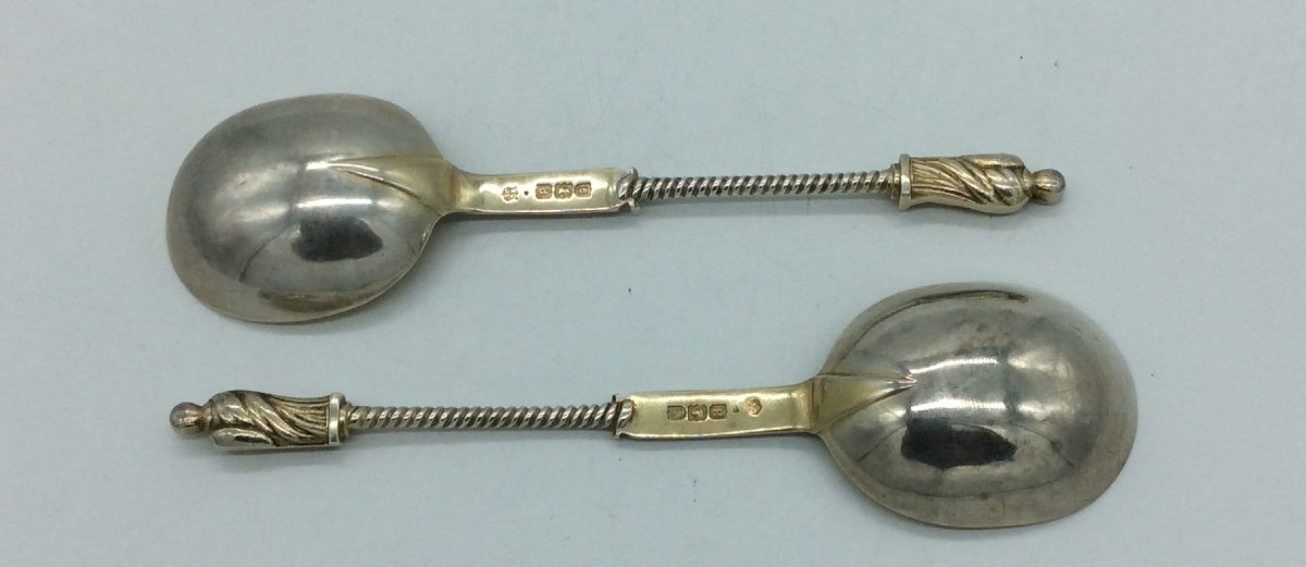 Pair Of English Silver Spoons With Antique Decor, 20th Century.-photo-3