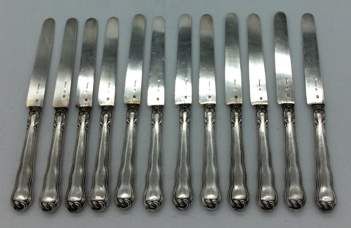 12 Fruit Knives, Handle And Blade In Silver, XIXth Century.