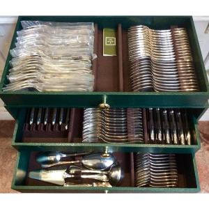 Cutlery Set In Silver Metal, Crossed Ribbons, 129 Pieces, Christofle.