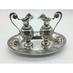 Pair Of Cruets And Their Silver Tray 19th Century 