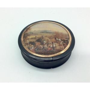 Round Box In Horn And Pomponne, Miniature On Ivory Late 18th Century.