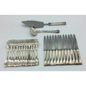 Dessert Cutlery And Two Serving Cutlery In Christofle Silver Metal, Atlantis Model.