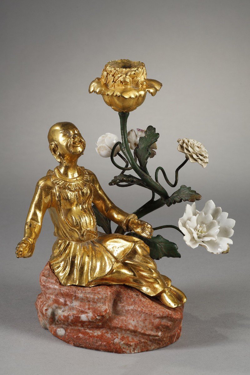 Pair Of So-called “magots” Torches  In Gilded Bronze And Porcelain-photo-1